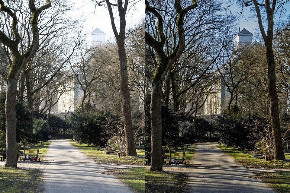 Blick vom Waller Friedhof auf Gebäude des Hafens